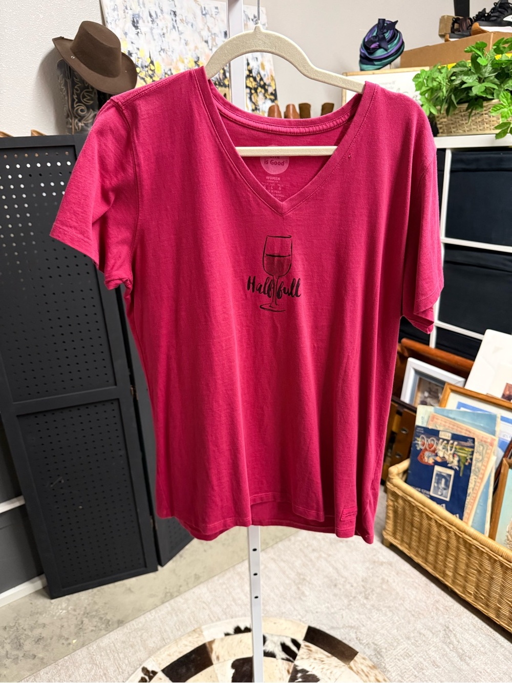 Life Is Good Magenta V-Neck Tee with Half Full Wine Glass Graphic NWT